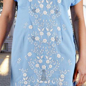 1950s Vintage Blue Embroidered & Cut Work Shift Dress, Womans Easter Dress